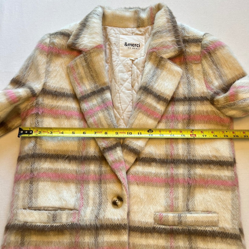 &merci Cream Pink Brown Plaid Fuzzy Classic Preppy Academia Longline Coat Size S - Picture 5 of 8
